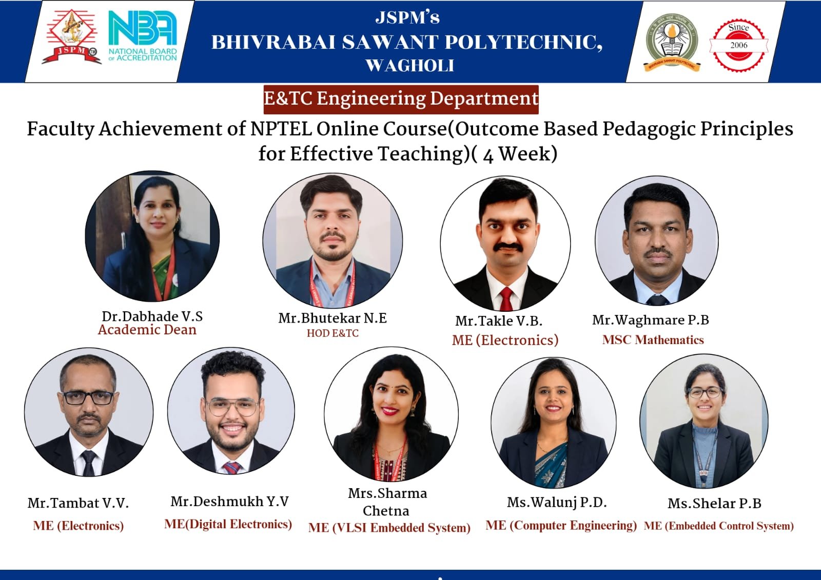Faculty Achievement of NPTEL Online Course(Outcome based Pedagogic Principles for Effective Teaching)